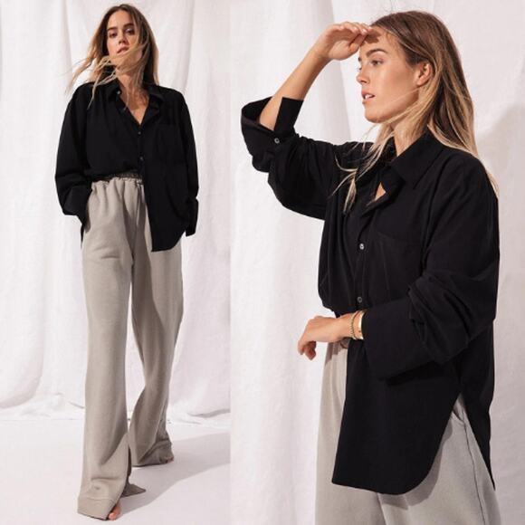 NEW Ona Lightweight Long Sleeve Button Down Oversized Shirt in Black Sz: Medium